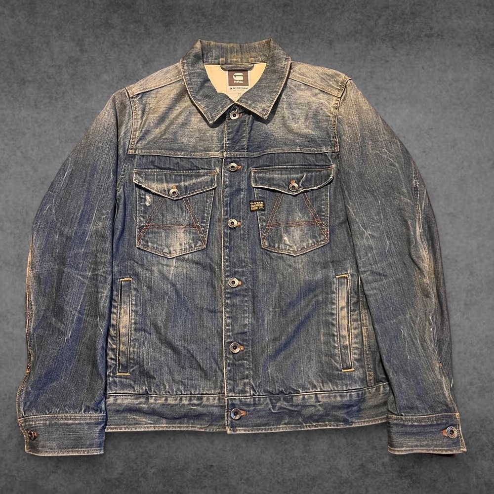G-Star Raw Mens Faded Denim Jacket Blue Y2K Distressed Streetwear Large